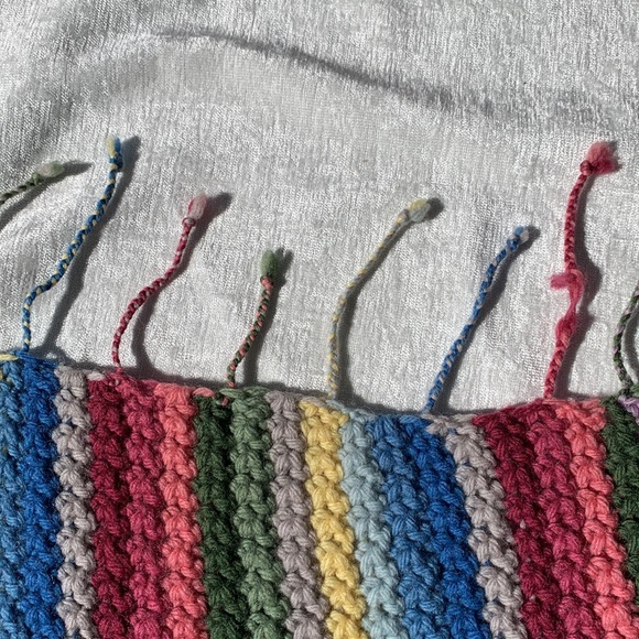 Vintage Handmade Crochet Knit Rainbow Afghan Blanket Fringe “Granny Square” - Picture 7 of 9